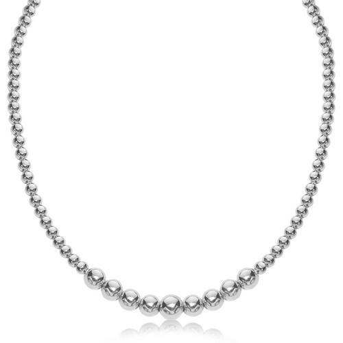 Sterling Silver Rhodium Plated Graduated Motif Polished Bead Necklace, size 17''